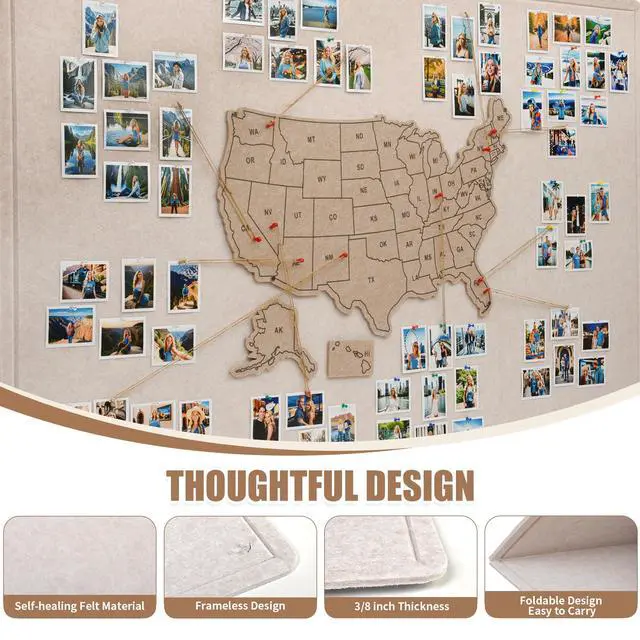 Alt view image 4 of 7 - Photo Board with USA Map, 63'' x 32'' Felt Pin Board, Desert Dunes | Showcase travel photos with pins on the felt board, mark states visited on the USA map for personalized travel wall décor