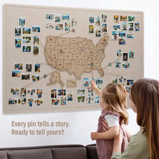 Alt view image 6 of 7 - Photo Board with USA Map, 63'' x 32'' Felt Pin Board, Desert Dunes | Showcase travel photos with pins on the felt board, mark states visited on the USA map for personalized travel wall décor