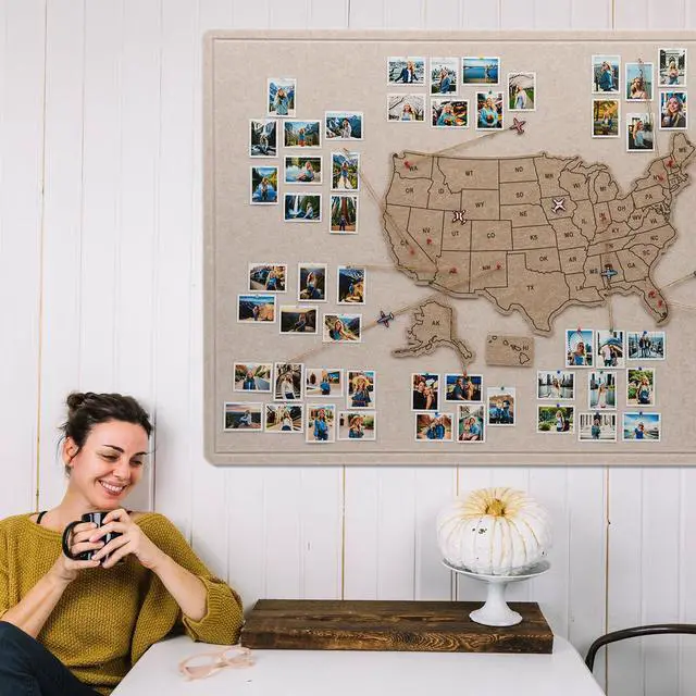 Alt view image 7 of 7 - Photo Board with USA Map, 63'' x 32'' Felt Pin Board, Desert Dunes | Showcase travel photos with pins on the felt board, mark states visited on the USA map for personalized travel wall décor