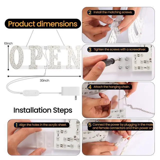 Alt view image 3 of 7 - LED Open Signs for Business 30"x10" Dimmable 7 Color Bright Business Open Sign with Hanging Installation for Window Stores, Hotel, Store, Bar, Retail Shop, Salon, Restaurant