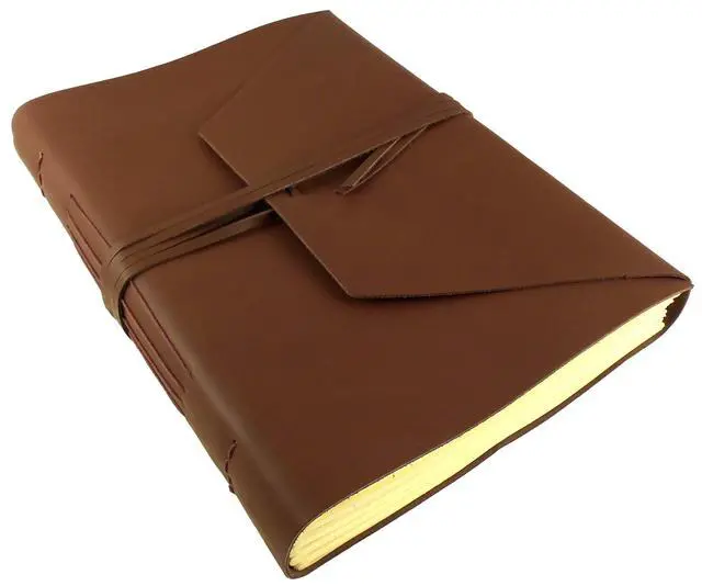 Alt view image 2 of 6 - Large Genuine Leather Expedition Journal/Sketchbook with Gift Box - 380 Pages - 9" x 12" - Vintage Style - Rich Dark Brown