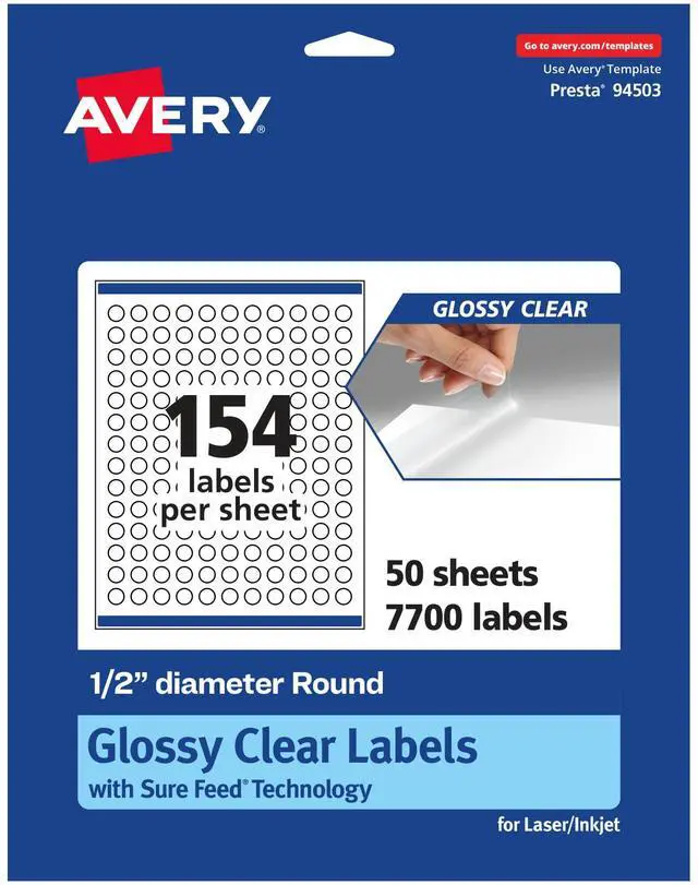 Main image of ® Glossy Clear Round Labels, Sure Feed® Technology, 0.5" Diameter, 7,700 Glossy Clear Labels, Print-to-The-Edge, Laser/Inkjet Printable