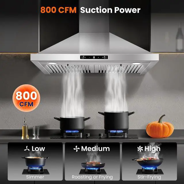 Alt view image 2 of 7 - Wall Mount Range Hood 30 inch, 800 CFM Kitchen Hood Stainless Steel Stove Vent Hood with Gesture Sensing & Touch Control, Ducted/Ductless Convertible Duct, 3-Speed Fan, LED Lights, Baffle Filters