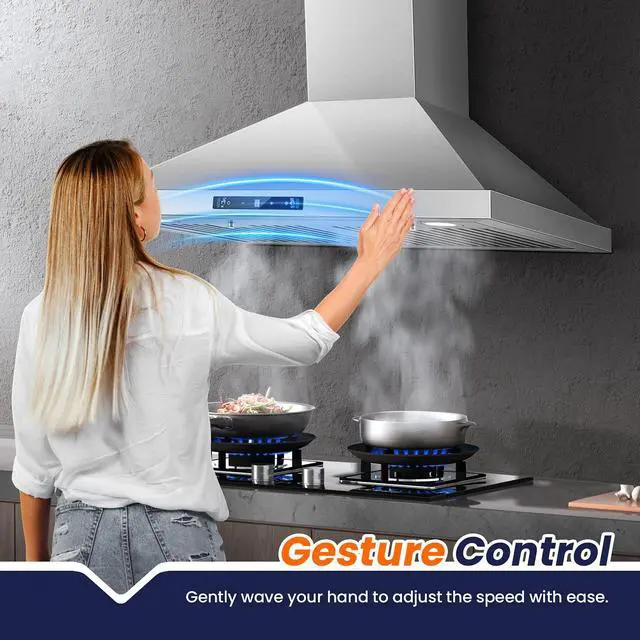 Alt view image 3 of 7 - Wall Mount Range Hood 30 inch, 800 CFM Kitchen Hood Stainless Steel Stove Vent Hood with Gesture Sensing & Touch Control, Ducted/Ductless Convertible Duct, 3-Speed Fan, LED Lights, Baffle Filters