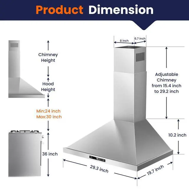 Alt view image 5 of 7 - Wall Mount Range Hood 30 inch, 800 CFM Kitchen Hood Stainless Steel Stove Vent Hood with Gesture Sensing & Touch Control, Ducted/Ductless Convertible Duct, 3-Speed Fan, LED Lights, Baffle Filters