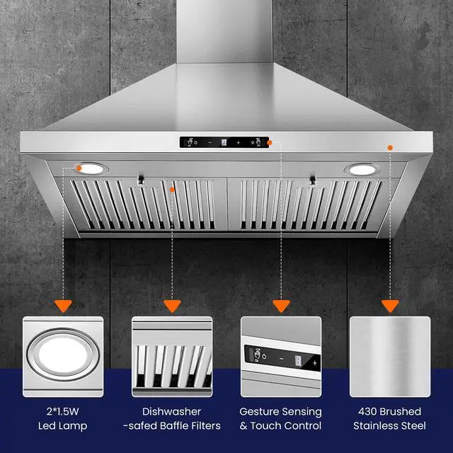 Alt view image 4 of 7 - Wall Mount Range Hood 30 inch, 800 CFM Kitchen Hood Stainless Steel Stove Vent Hood with Gesture Sensing & Touch Control, Ducted/Ductless Convertible Duct, 3-Speed Fan, LED Lights, Baffle Filters