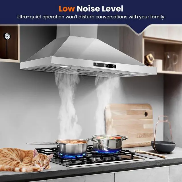 Alt view image 7 of 7 - Wall Mount Range Hood 30 inch, 800 CFM Kitchen Hood Stainless Steel Stove Vent Hood with Gesture Sensing & Touch Control, Ducted/Ductless Convertible Duct, 3-Speed Fan, LED Lights, Baffle Filters