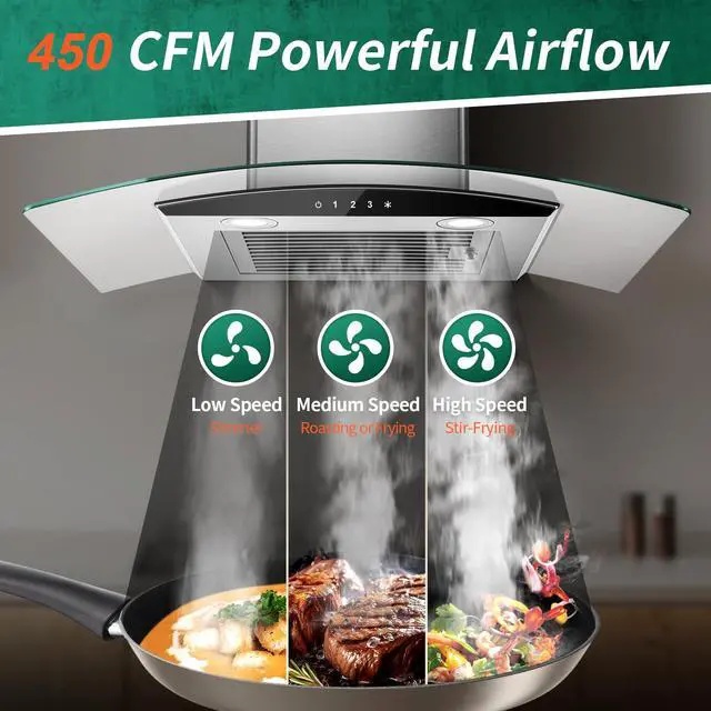 Alt view image 2 of 7 - Range Hood 30 Inch, 450 CFM Wall Mount Kitchen Hood with Ducted/Ductless Convertible Stainless Steel Filter Range Hoods 3-Speed Touch Control LED Lights