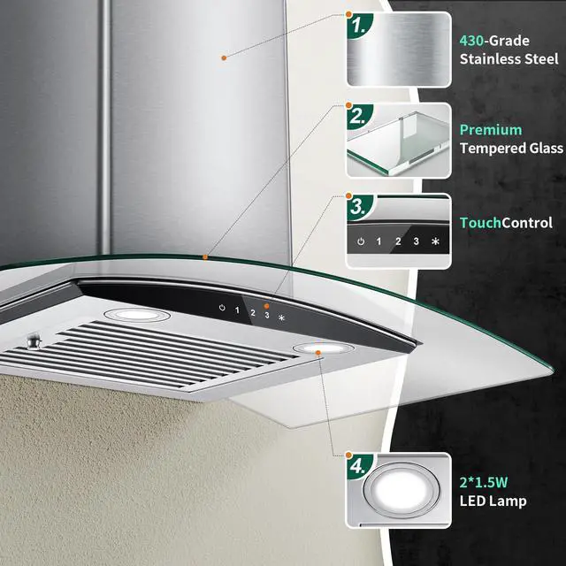 Alt view image 3 of 7 - Range Hood 30 Inch, 450 CFM Wall Mount Kitchen Hood with Ducted/Ductless Convertible Stainless Steel Filter Range Hoods 3-Speed Touch Control LED Lights