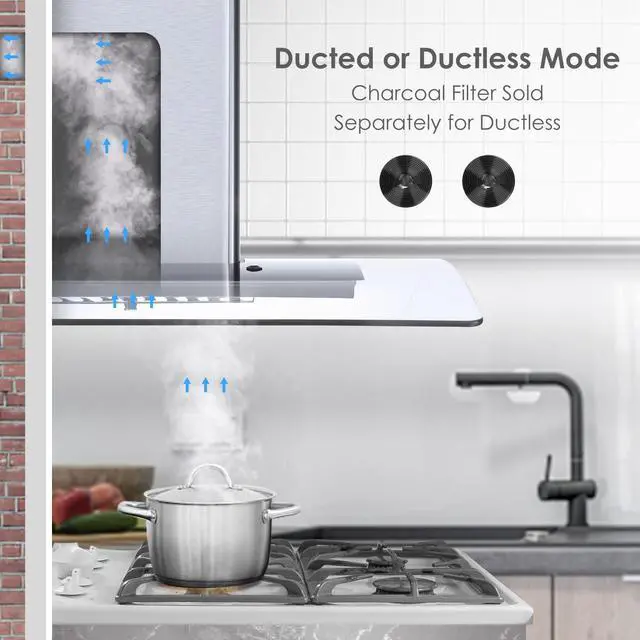 Alt view image 4 of 7 - Range Hood 30 Inch, 450 CFM Wall Mount Kitchen Hood with Ducted/Ductless Convertible Stainless Steel Filter Range Hoods 3-Speed Touch Control LED Lights