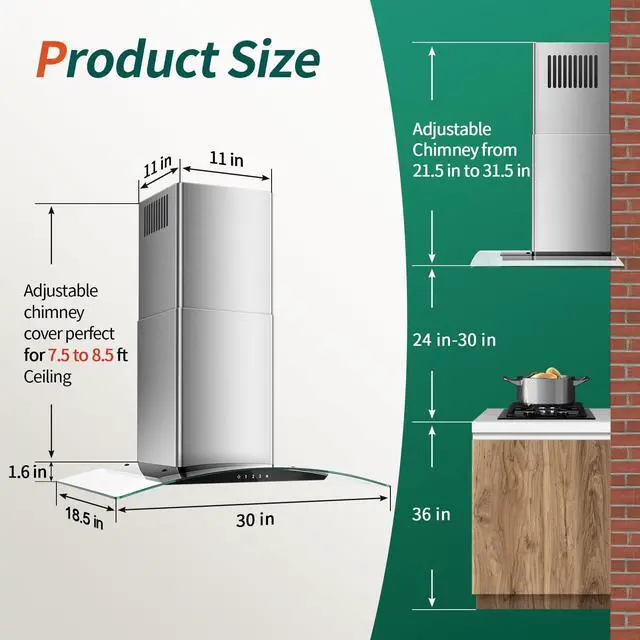 Alt view image 6 of 7 - Range Hood 30 Inch, 450 CFM Wall Mount Kitchen Hood with Ducted/Ductless Convertible Stainless Steel Filter Range Hoods 3-Speed Touch Control LED Lights