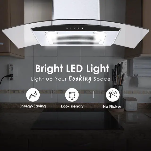 Alt view image 5 of 7 - Range Hood 30 Inch, 450 CFM Wall Mount Kitchen Hood with Ducted/Ductless Convertible Stainless Steel Filter Range Hoods 3-Speed Touch Control LED Lights