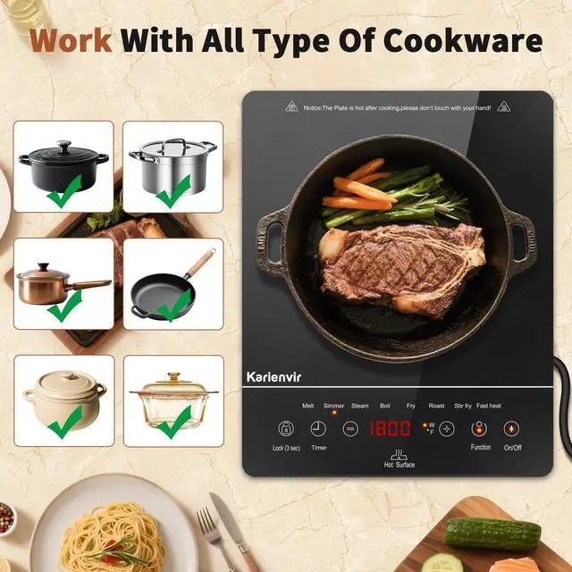 Alt view image 5 of 6 - Single Burner Electric Cooktop, Portable Electric Stove 110v with plug, Touch Control, Safety Lock, Timer, Kitchen Cooking Cooktop With 9 Power Levels, 1800W, Black