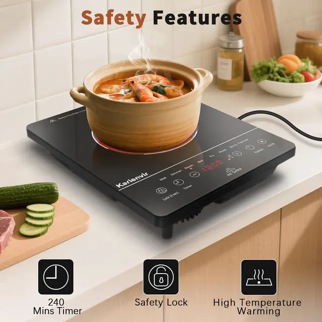 Alt view image 6 of 6 - Single Burner Electric Cooktop, Portable Electric Stove 110v with plug, Touch Control, Safety Lock, Timer, Kitchen Cooking Cooktop With 9 Power Levels, 1800W, Black