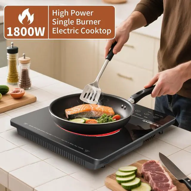Alt view image 4 of 6 - Single Burner Electric Cooktop, Portable Electric Stove 110v with plug, Touch Control, Safety Lock, Timer, Kitchen Cooking Cooktop With 9 Power Levels, 1800W, Black