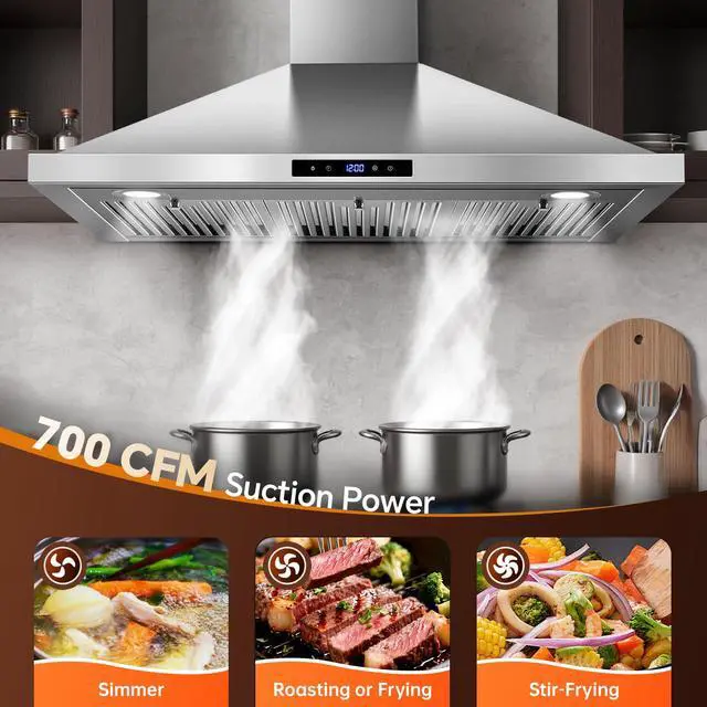 Alt view image 2 of 7 - Range Hood 36 inch Wall Mount Kitchen Hood 700 CFM with Ducted/Ductless Convertible Duct, Touch Control, Permanent Filters, Stainless Steel, 3 Speed Exhaust Fan