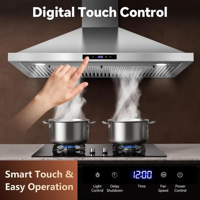 Alt view image 3 of 7 - Range Hood 36 inch Wall Mount Kitchen Hood 700 CFM with Ducted/Ductless Convertible Duct, Touch Control, Permanent Filters, Stainless Steel, 3 Speed Exhaust Fan