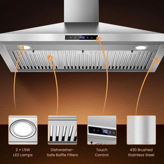 Alt view image 4 of 7 - Range Hood 36 inch Wall Mount Kitchen Hood 700 CFM with Ducted/Ductless Convertible Duct, Touch Control, Permanent Filters, Stainless Steel, 3 Speed Exhaust Fan