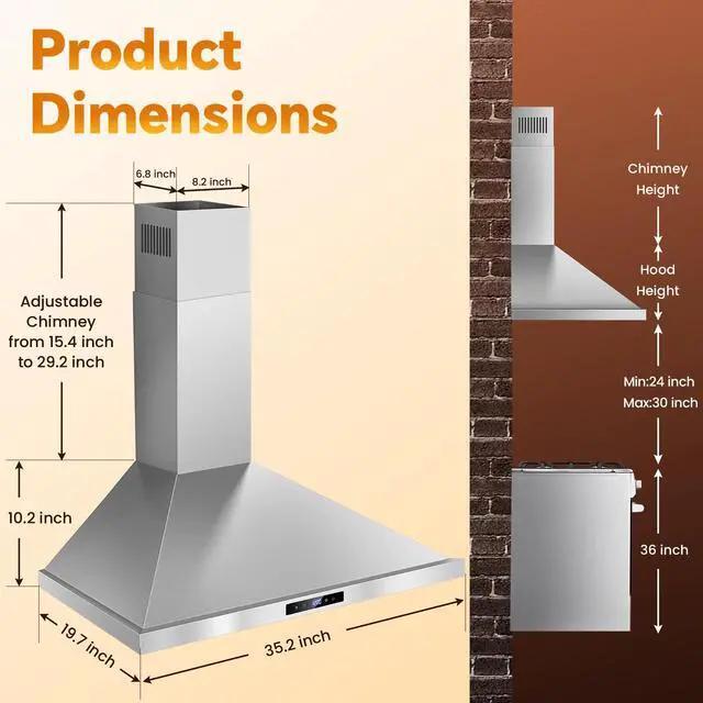 Alt view image 5 of 7 - Range Hood 36 inch Wall Mount Kitchen Hood 700 CFM with Ducted/Ductless Convertible Duct, Touch Control, Permanent Filters, Stainless Steel, 3 Speed Exhaust Fan
