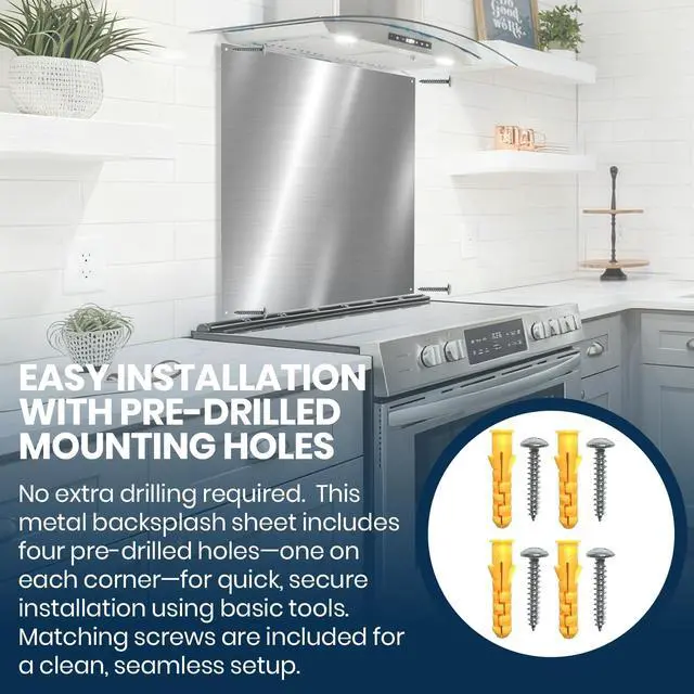 Alt view image 5 of 6 - 30" x 30" Metal Backsplash Panel for Stove, Reversible Flat Wall Shield, Heat-Resistant Kitchen Splatter Guard for Cooking Range, Easy-Clean Backsplash Sheet with Pre-Drilled Holes & Screws