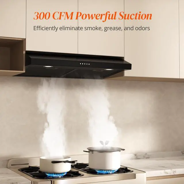 Alt view image 2 of 7 - Black Range Hood 30 Inch Under Cabinet, Ducted/Ductless Convertible Kitchen Hood, 300 CFM, 3 Speed Exhaust Fan, Brushless DC Motor, Stove Hood Vents for Kitchen with LED Lights