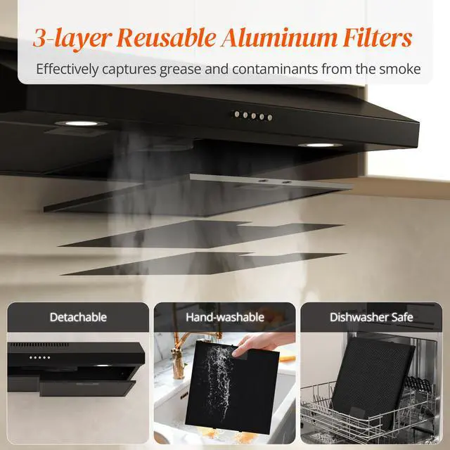 Alt view image 5 of 7 - Black Range Hood 30 Inch Under Cabinet, Ducted/Ductless Convertible Kitchen Hood, 300 CFM, 3 Speed Exhaust Fan, Brushless DC Motor, Stove Hood Vents for Kitchen with LED Lights