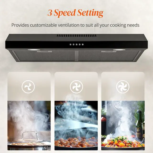 Alt view image 4 of 7 - Black Range Hood 30 Inch Under Cabinet, Ducted/Ductless Convertible Kitchen Hood, 300 CFM, 3 Speed Exhaust Fan, Brushless DC Motor, Stove Hood Vents for Kitchen with LED Lights