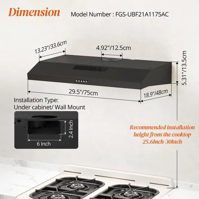 Alt view image 6 of 7 - Black Range Hood 30 Inch Under Cabinet, Ducted/Ductless Convertible Kitchen Hood, 300 CFM, 3 Speed Exhaust Fan, Brushless DC Motor, Stove Hood Vents for Kitchen with LED Lights