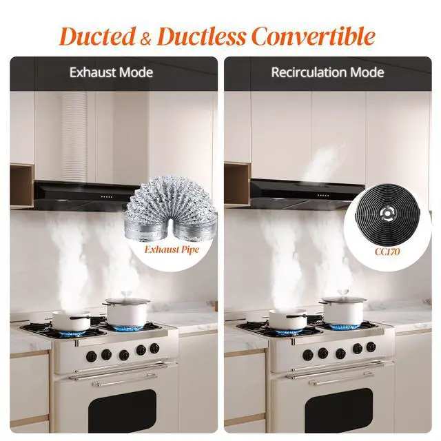 Alt view image 7 of 7 - Black Range Hood 30 Inch Under Cabinet, Ducted/Ductless Convertible Kitchen Hood, 300 CFM, 3 Speed Exhaust Fan, Brushless DC Motor, Stove Hood Vents for Kitchen with LED Lights