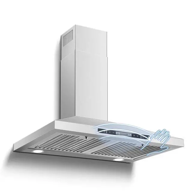 Alt view image 2 of 7 - Wall Mount Range Hood 30 inch with Touch and Gesture Sensing Control,Chimney-Style Stainless Steel Range Hood,Vent Hood 30 inch Ducted/Ductless Convertible Kitchen Hood,Baffle Filters