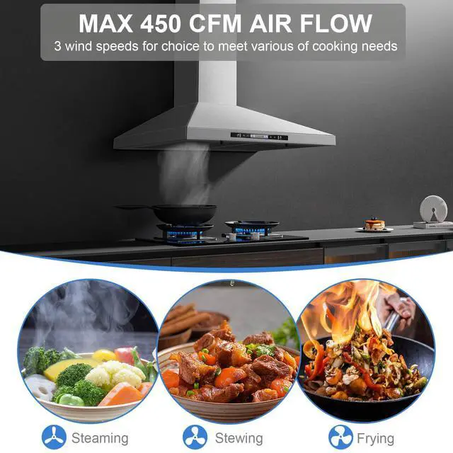Alt view image 3 of 7 - Wall Mount Range Hood 30 inch with Touch and Gesture Sensing Control,Chimney-Style Stainless Steel Range Hood,Vent Hood 30 inch Ducted/Ductless Convertible Kitchen Hood,Baffle Filters