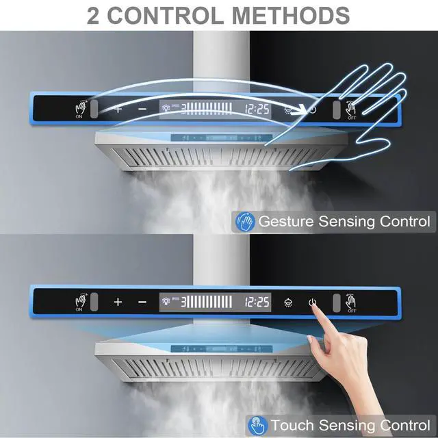Alt view image 4 of 7 - Wall Mount Range Hood 30 inch with Touch and Gesture Sensing Control,Chimney-Style Stainless Steel Range Hood,Vent Hood 30 inch Ducted/Ductless Convertible Kitchen Hood,Baffle Filters