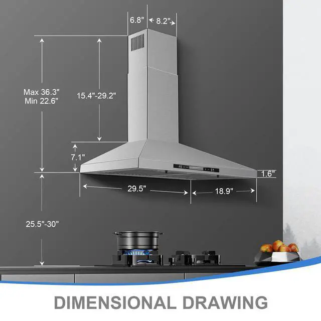 Alt view image 5 of 7 - Wall Mount Range Hood 30 inch with Touch and Gesture Sensing Control,Chimney-Style Stainless Steel Range Hood,Vent Hood 30 inch Ducted/Ductless Convertible Kitchen Hood,Baffle Filters