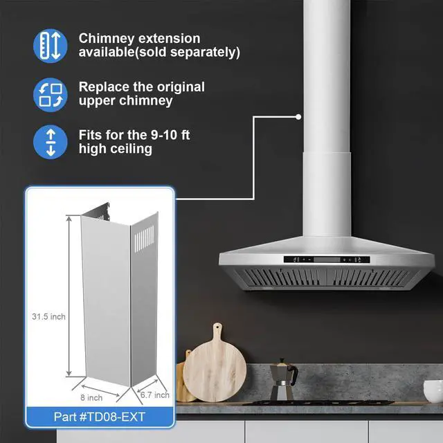 Alt view image 6 of 7 - Wall Mount Range Hood 30 inch with Touch and Gesture Sensing Control,Chimney-Style Stainless Steel Range Hood,Vent Hood 30 inch Ducted/Ductless Convertible Kitchen Hood,Baffle Filters