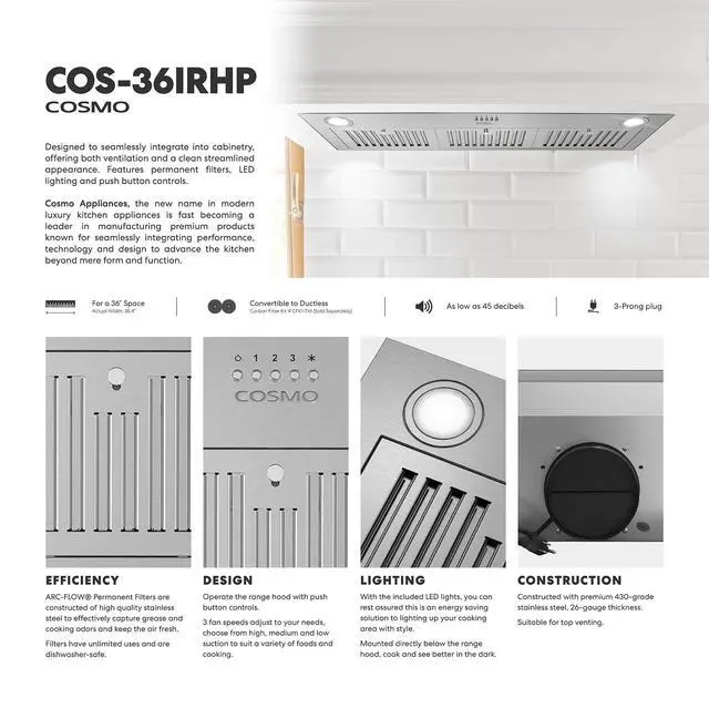 Alt view image 6 of 7 - 36 in. Lumin Collection 380 CFM Ducted Insert Range Hood, LED, Stainless | COS-36IRHP Push Button Controls, 3 Fan Speeds, Permanent Dishwasher-Safe Baffle Filters, Backdraft Damper