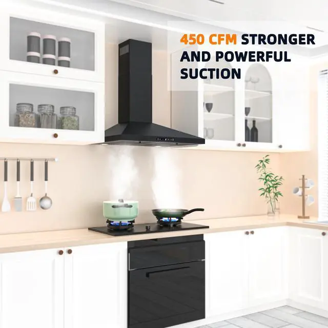 Alt view image 2 of 7 - Black Range Hood 30 inch, 450 CFM Wall Mount Range Hood with Ducted/Ductless Convertible, Gesture Sensing Control & Touch Control Kitchen Hood Vent, Baffle Filters, Charcoal Filters