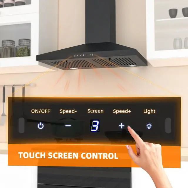 Alt view image 4 of 7 - Black Range Hood 30 inch, 450 CFM Wall Mount Range Hood with Ducted/Ductless Convertible, Gesture Sensing Control & Touch Control Kitchen Hood Vent, Baffle Filters, Charcoal Filters
