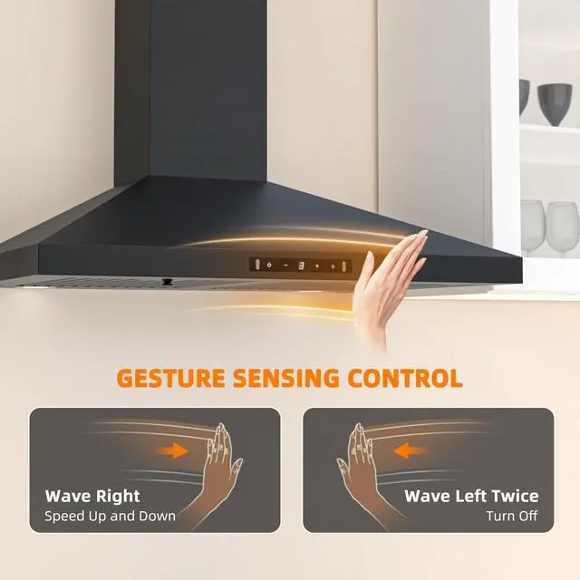 Alt view image 3 of 7 - Black Range Hood 30 inch, 450 CFM Wall Mount Range Hood with Ducted/Ductless Convertible, Gesture Sensing Control & Touch Control Kitchen Hood Vent, Baffle Filters, Charcoal Filters
