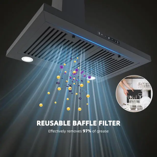 Alt view image 6 of 7 - Black Range Hood 30 inch, 450 CFM Wall Mount Range Hood with Ducted/Ductless Convertible, Gesture Sensing Control & Touch Control Kitchen Hood Vent, Baffle Filters, Charcoal Filters