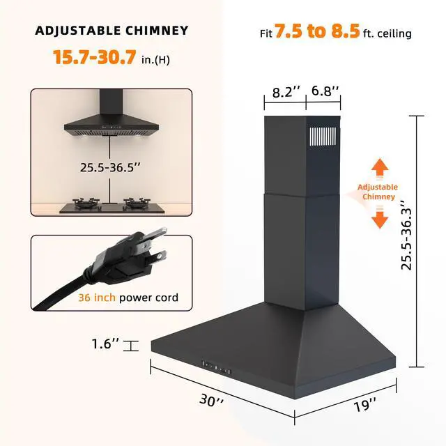 Alt view image 7 of 7 - Black Range Hood 30 inch, 450 CFM Wall Mount Range Hood with Ducted/Ductless Convertible, Gesture Sensing Control & Touch Control Kitchen Hood Vent, Baffle Filters, Charcoal Filters