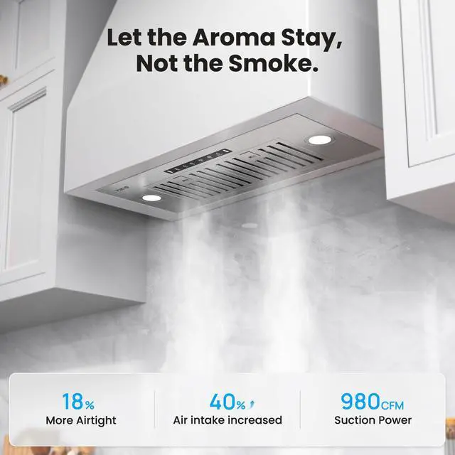 Alt view image 2 of 7 - Built-in/Insert Range Hood 30 Inch, 980 CFM Hood Vent for Kitchen, Ducted/Ductless Convertible Duct, Stainless Steel Kitchen Vent Hood with Gesture & Touch Control, 2 Baffle Filters
