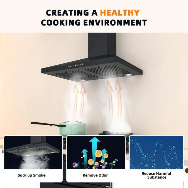 Alt view image 5 of 7 - Black Range Hood 30 inch, 450 CFM Wall Mount Range Hood with Ducted/Ductless Convertible, Gesture Sensing Control & Touch Control Kitchen Hood Vent, Baffle Filters, Charcoal Filters
