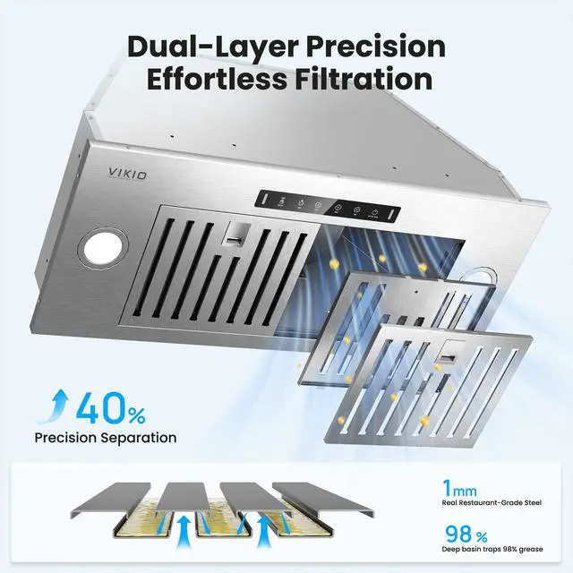 Alt view image 5 of 7 - Built-in/Insert Range Hood 30 Inch, 980 CFM Hood Vent for Kitchen, Ducted/Ductless Convertible Duct, Stainless Steel Kitchen Vent Hood with Gesture & Touch Control, 2 Baffle Filters