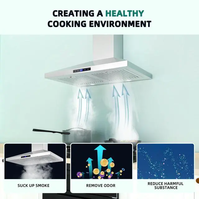 Alt view image 3 of 7 - Range Hood 30 inch, Wall Mount Kitchen Hood in Stainless Steel With Ducted/Ductless Convertible, Stove Vent Hood with Permanent Filters, 3 Speed Exhaust Fan, LED Lights, Touch Control