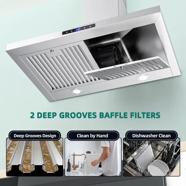 Alt view image 4 of 7 - Range Hood 30 inch, Wall Mount Kitchen Hood in Stainless Steel With Ducted/Ductless Convertible, Stove Vent Hood with Permanent Filters, 3 Speed Exhaust Fan, LED Lights, Touch Control