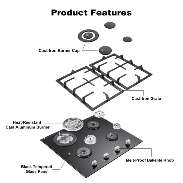 Alt view image 3 of 7 - Gas Stove Top 24 Inch, Built-in Gas Cooktop 4 Burner, Black Tempered Glass Stove with NG/LPG Conversion Kit, Kitchen Propane Cooktop with Thermocouple Protection