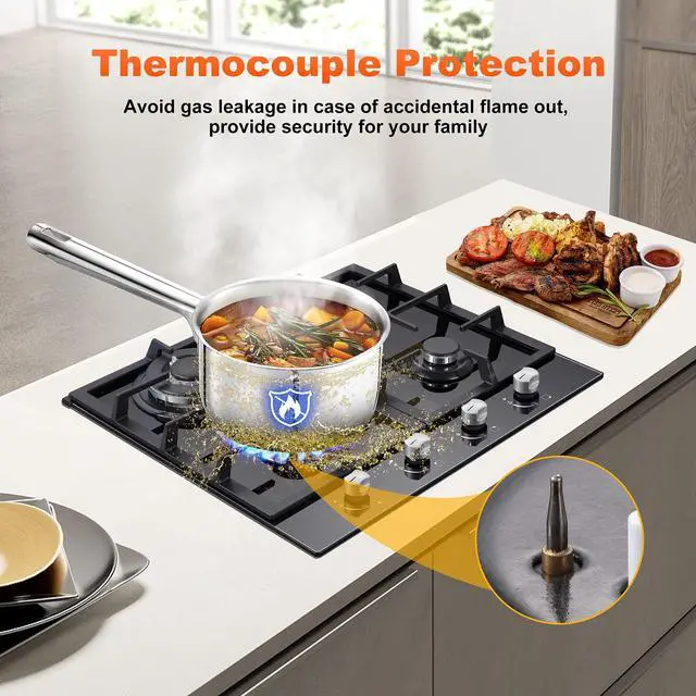Alt view image 4 of 7 - Gas Stove Top 24 Inch, Built-in Gas Cooktop 4 Burner, Black Tempered Glass Stove with NG/LPG Conversion Kit, Kitchen Propane Cooktop with Thermocouple Protection