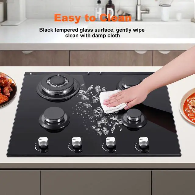 Alt view image 6 of 7 - Gas Stove Top 24 Inch, Built-in Gas Cooktop 4 Burner, Black Tempered Glass Stove with NG/LPG Conversion Kit, Kitchen Propane Cooktop with Thermocouple Protection