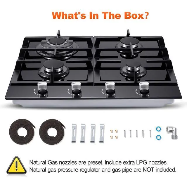 Alt view image 7 of 7 - Gas Stove Top 24 Inch, Built-in Gas Cooktop 4 Burner, Black Tempered Glass Stove with NG/LPG Conversion Kit, Kitchen Propane Cooktop with Thermocouple Protection