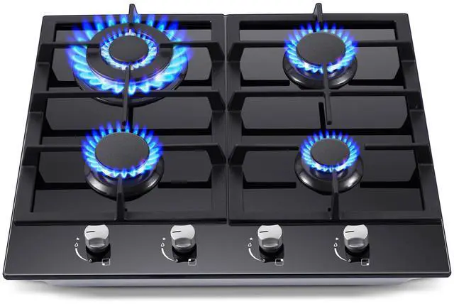 Main image of Gas Stove Top 24 Inch, Built-in Gas Cooktop 4 Burner, Black Tempered Glass Stove with NG/LPG Conversion Kit, Kitchen Propane Cooktop with Thermocouple Protection
